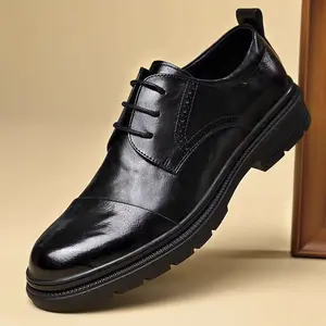 Men's Black Leather Dress Shoes Lace-Up Formal Oxfords with Chunky Sole for Business and Casual Wear
