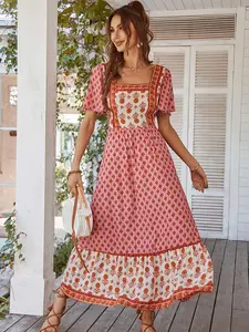 Spring/Summer New Bohemian French Square Neck Long Dress for Women, Short Sleeves — Elegant Summer Style, Perfect for Beach Vacations and Travel; Women’s Apparel