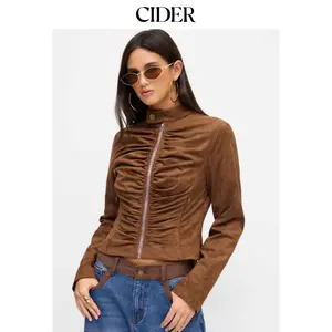 Cider Suede Mandarin Collar Metal Button Zip Through Ruched Jacket