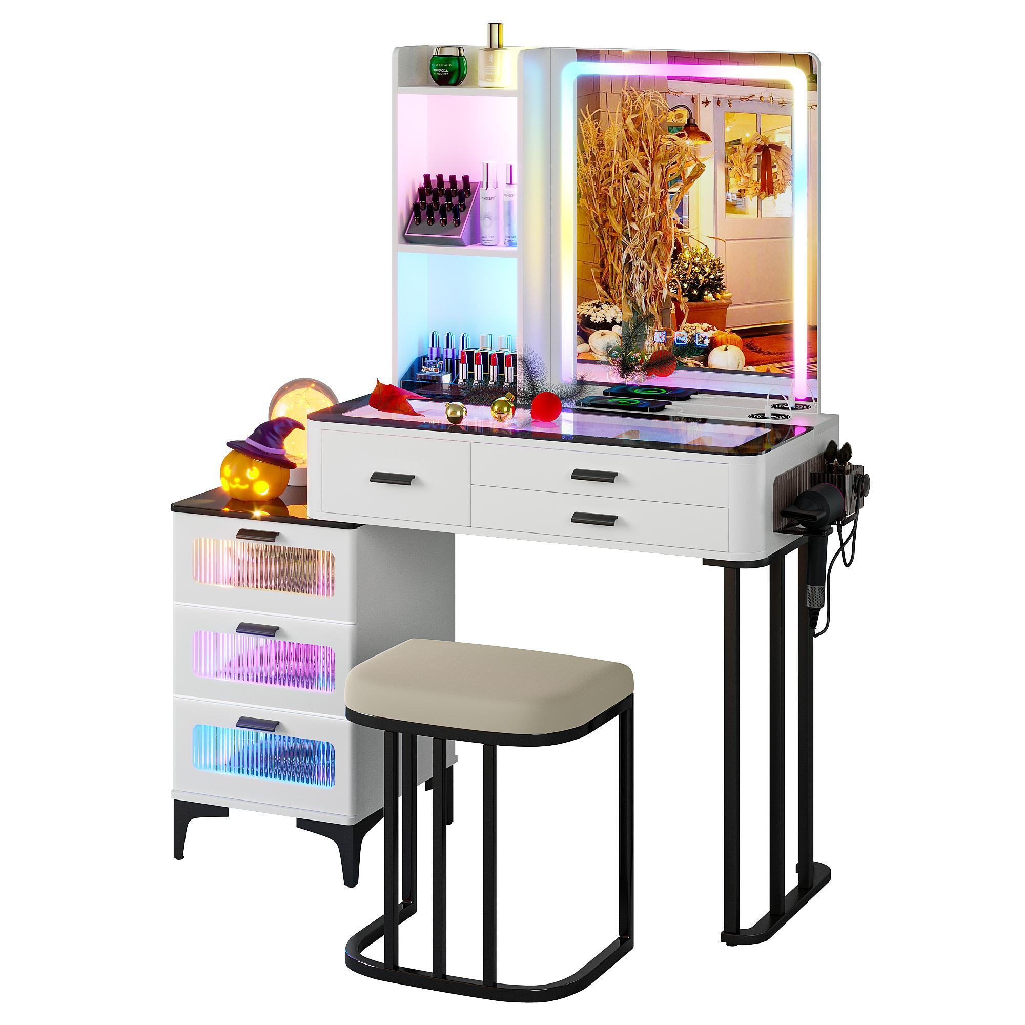 Miuvanity Set with 24-Color RGB Lights, Wireless Charging, HD Mirror, 6-Drawer Chest & Big Storage Furniture Organizing
