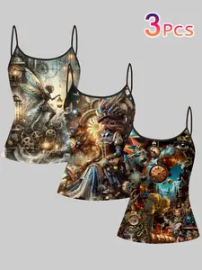 Steam Punk Mechanical Sprite Print Straps, Vintage Gear Clock Theme Summer Home Wear, Three-Piece Set, Casual Slim-Fitting Sleeveless Top