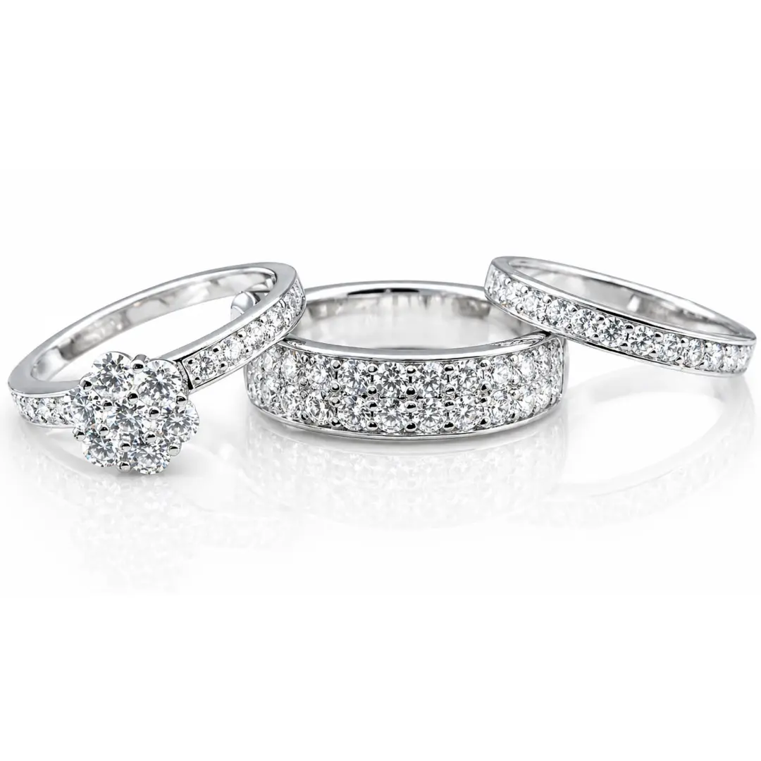 His & Hers GRA-Certified 3CT VVS1 Clarity Moissanite Trio Wedding Ring Set, Artificial Gemstone Jewelry for Couples