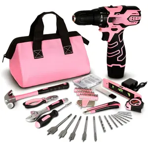 12V Pink Cordless Drill Home Tool Kit, Pink Drill Set for Women, Lady's Home Repairing Tool Kit Hand Tool Set for DIY Large-Capacity Tool Storage Bag Included