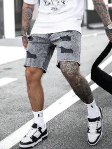 Men's Regular Fit Solid Color Patchwork Ripped Denim Shorts, Casual Streetwear Comfy Jeans Shorts for Summer, Fashion Men's Bottoms for Daily Wear
