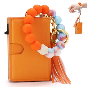 Women's Cute Beaded Keychain & Wallet, Trendy Card Wallet & Keychain Set- 9-14 Card Capacity | ID Window | Cash Slot wallet ，As Gift for Mom & Friends