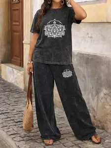 Plus Size Women's Vintage Washed Two-piece Set - Casual Line Art Print Short Sleeve T-shirt & Wide-leg Pants, For Outdoor Wear