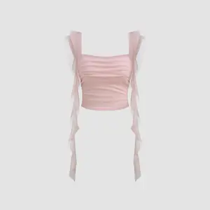Cider Women's Solid Mesh Crop Tank Top - 0-10 Size, Square Neck, Ruched Details, Ruffle Hem
