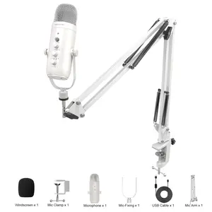 HAOMUREN USB Powered Condenser Microphone with Adjustable Cantilever Stand, Plug & Play Microphone with Knob & Monitoring Jack, Suitable for Streaming, Podcasting, Recording Set