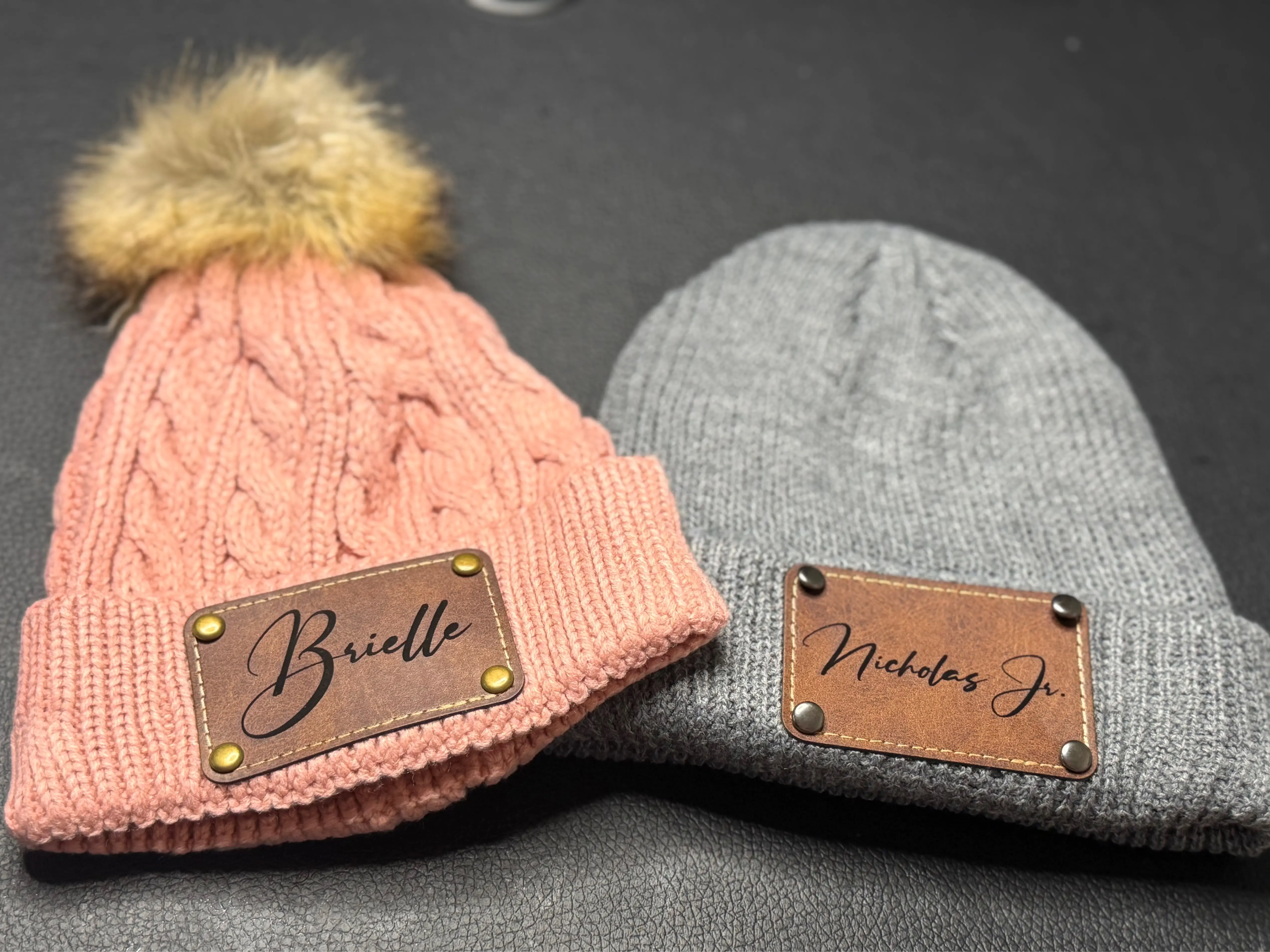Women's Customizable Acrylic Beanie - Unisex Stylish Hat, Fashion Accessory with Holiday Brown Leather Patch for Engraved Name or Logo, Brown Leather Patch With Engraved Name Or Logo, Hand Wash Only, Warm, Engravable, Personalized