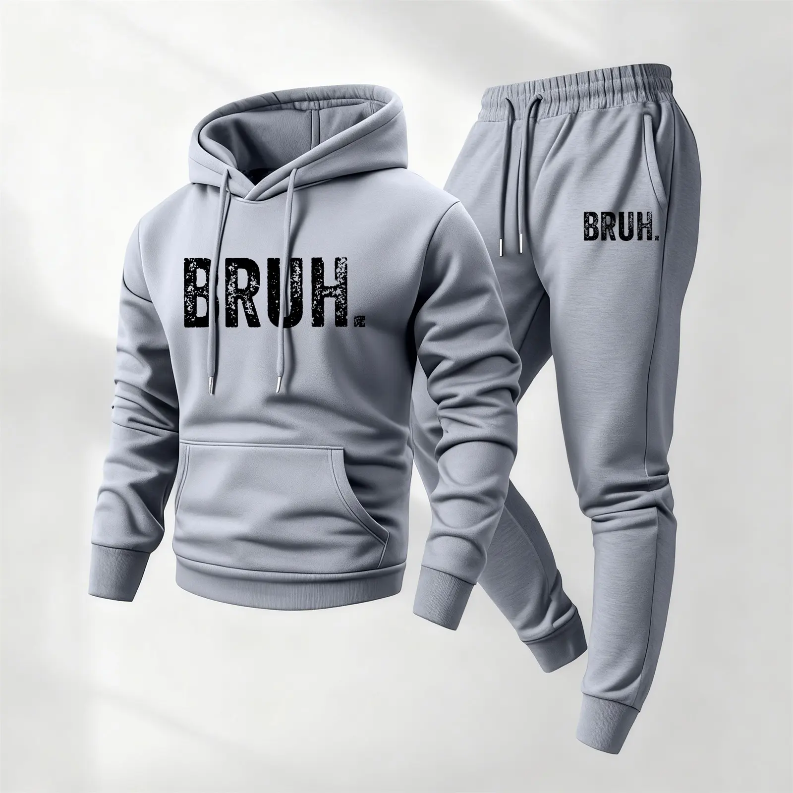Male 2-Piece "Bruh" Printed Hooded Sweatsuit Sets - Long Sleeve Jacket, Drawstring Sweatpants, Loose Casual Polyester Workout Sportswear, Machine Washable, for Fall Winter Daily Use, Available in 2XL-3XL, Mensfashion Casual Ootd