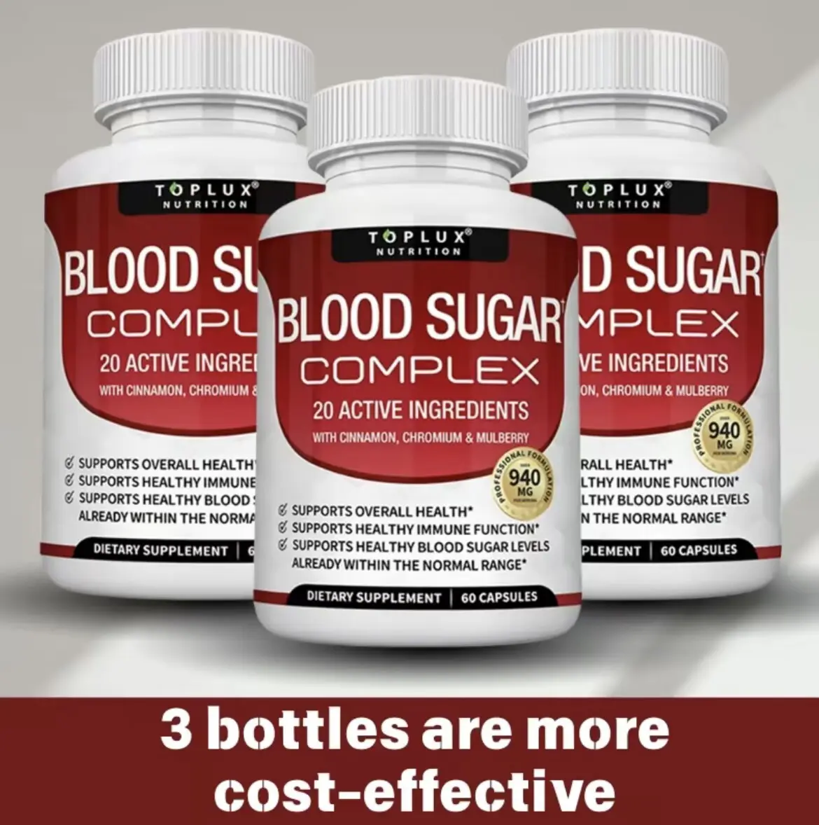 Blood Sugar Complex Supplement - Natural 20 Herbs and Vitamins with Cinnamon Non-GMO Vegan, for Men Women, 60 Capsules