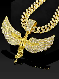 Diamond Angel Goddess Pendant Cuban Chain Necklace, Hip Hop Rap Style Bold Collarbone Chain, Fashion Jewelry for Women