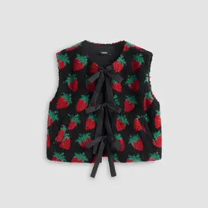 Cider [size 2-10] Fleece Round Neckline Strawberry Tie Front Bowknot Vest
