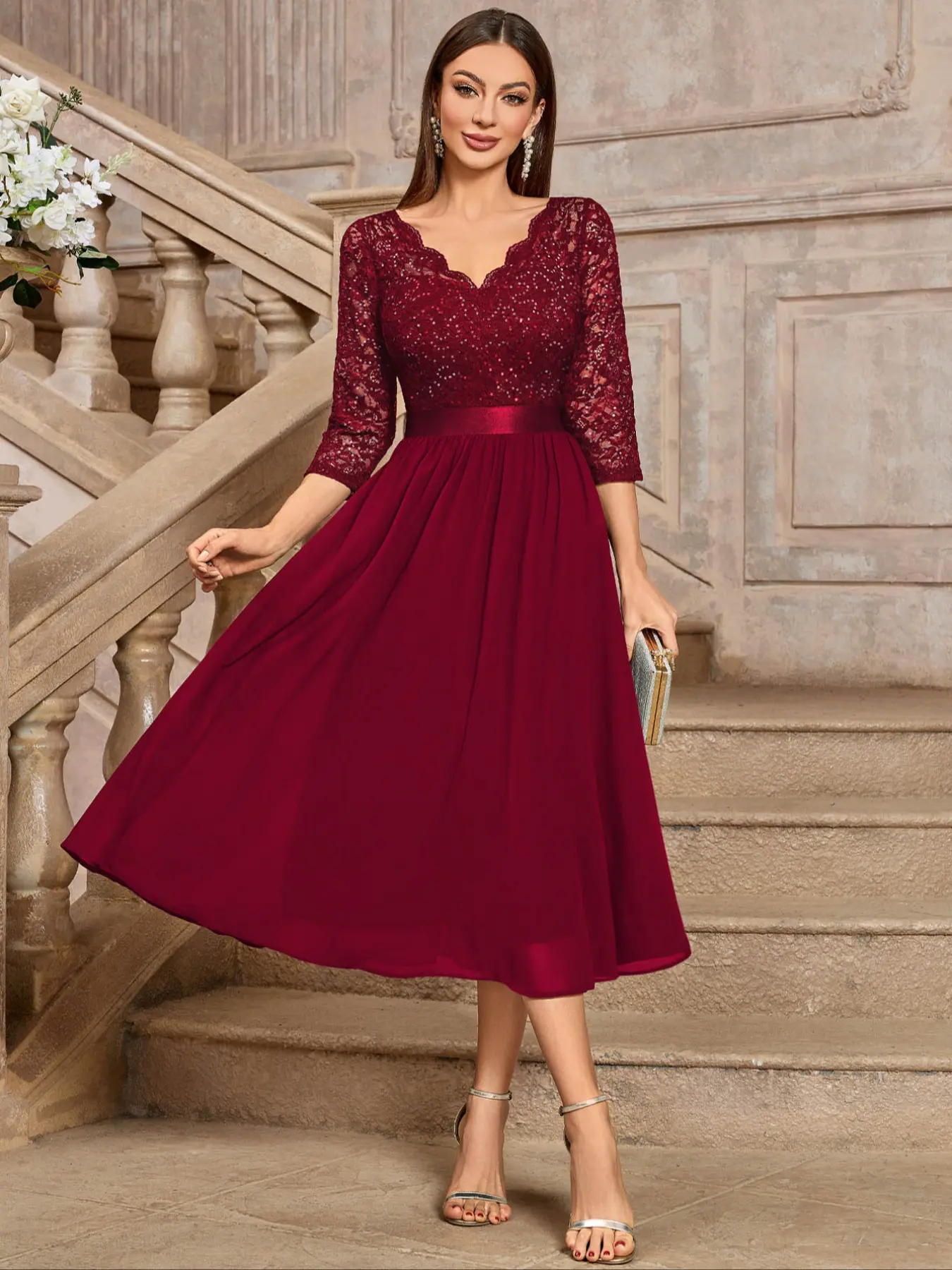MIUSOL 24407A Elegant V-Neck Sequin Floral Lace Ruched Chiffon Flowy 3/4 Sleeve Evening Party Long Dress, For Wedding Guest, Prom Party, Graduation, Swing Dress, A-Line Dress, Midi Dress - TikTok Shop MIUSOL 24407A Elegant V-Neck Sequin Floral Lace Ruched Chiffon Flowy 3/4 Sleeve Evening Party Long Dress, For Wedding Guest, Prom Party, Graduation, Swing Dress, A-Line Dress, Midi Dress - TikTok Shop