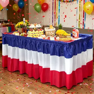 4th Of July Table Skirts Decorations, 1 Pack Blue Red White Patriotic Table Skirts, 250th Anniversary USA Table Cover, Table Party Decorations for Independence Memorial Veterans Day, 2.4 X 14ft, Ideal for Indoor/Outdoor Party Decoration