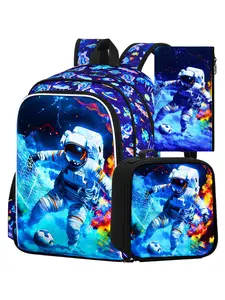 3Pcs Astronaut Backpack for Boys, 16" Kids School Bookbag with Lunch Box, Soccer Backpacks Set for Elementary Preschool Kindergarten(Blue)