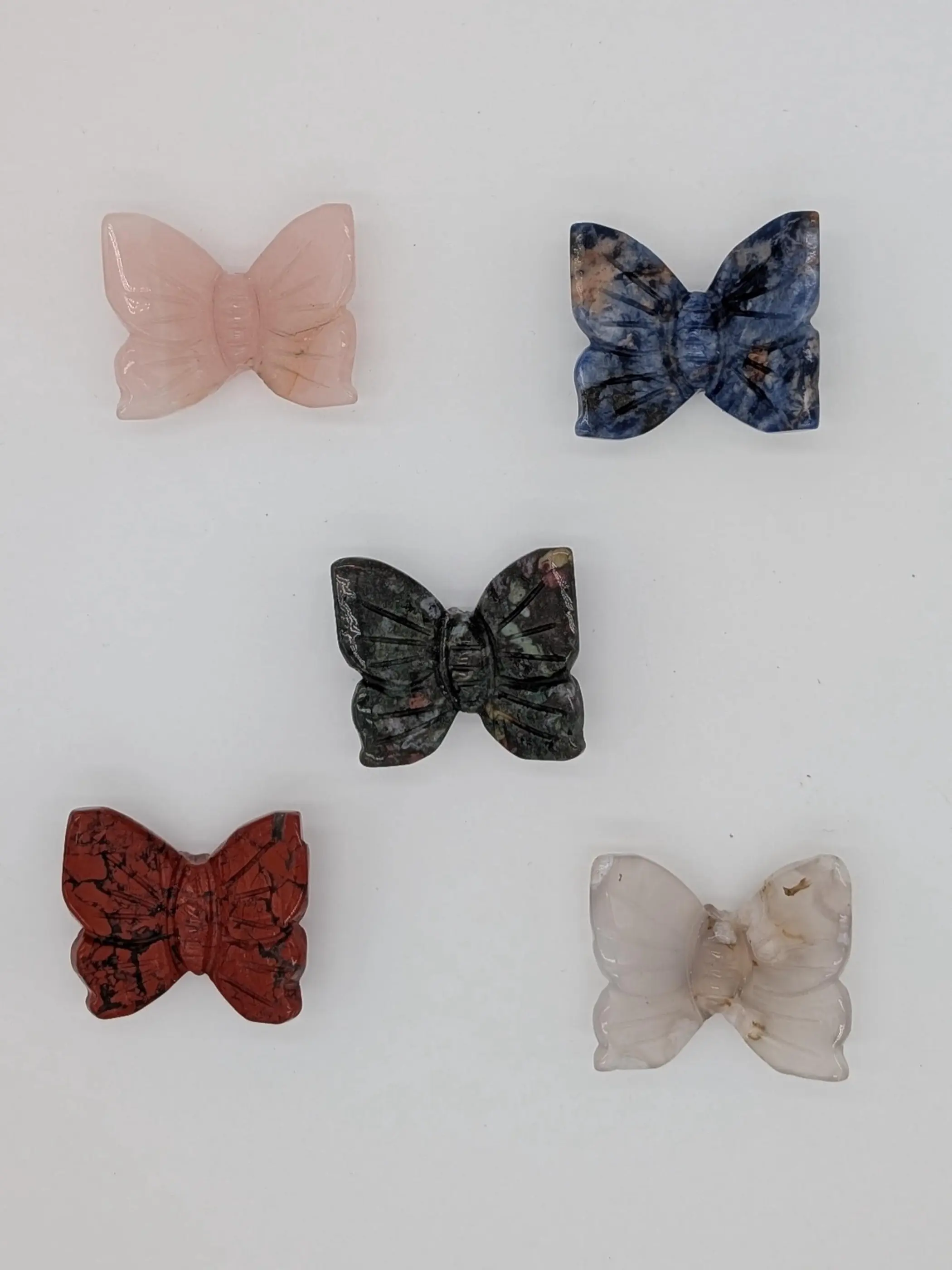 Hand Carved Gemstone Butterfly: Crystal Carving, Rose Quartz, Jasper