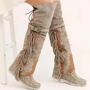 Bohemian Fashion Knee-High Women’s Boots – Ethnic Style, Distinctive Design, Fringe Detailing, Faux Suede, Flat Sole, for Girls