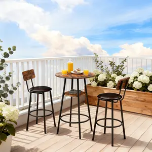 SAVEYOUR 3-Piece Round Bar Table & Chairs Set - 2-Tier Storage Small Dining Table with PU Upholstered Stools, Rustic Brown Furniture for Living Room, Dining Room & Small Spaces, Furniture Living Room, Dining Room Furniture