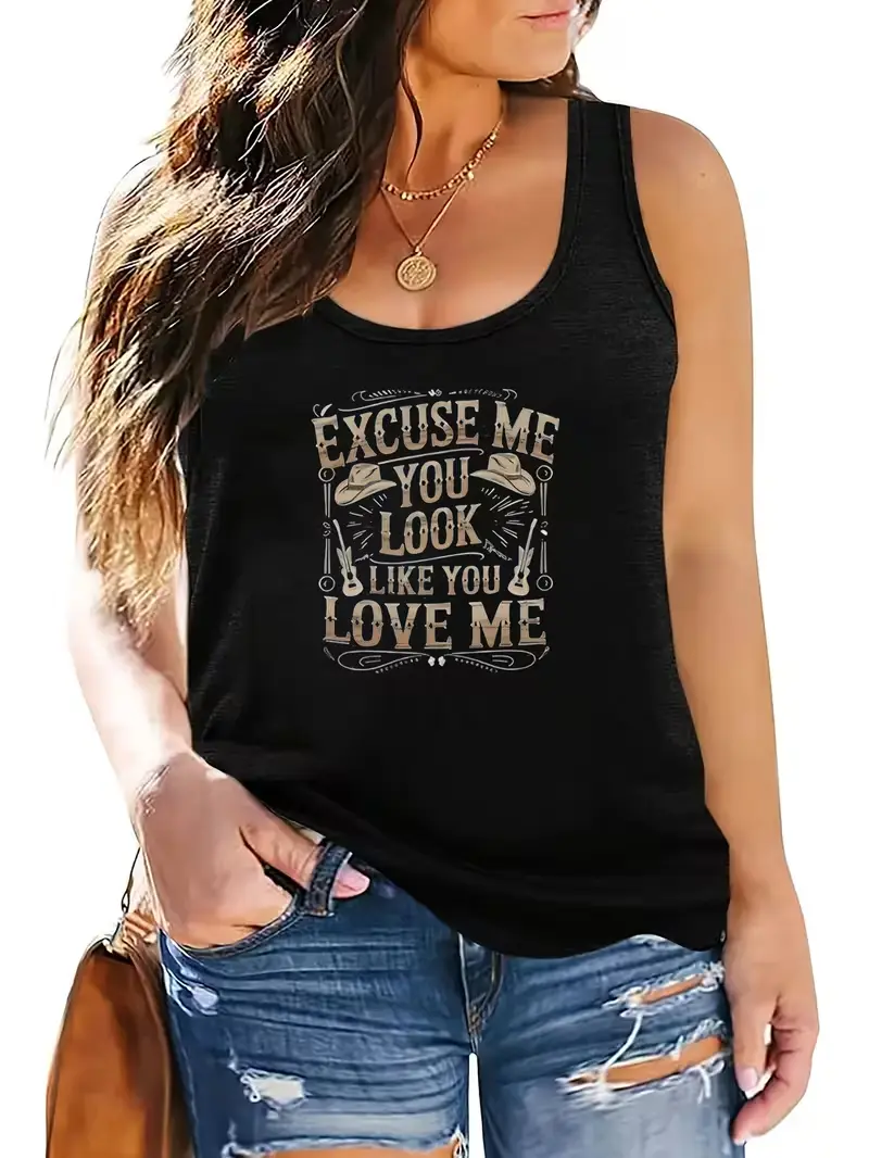 Women's Sporty Sleeveless Flannel Graphic Tank Top - "Excuse Me You Look Like You Love Me" Quote, Western Cowboy Guitar Hats Inspired, Racerback Cut, Relaxed Fit, Lightweight Breathable Casual Flex Fabric, Day Wear, Cowboy Hats, Polyester Blend