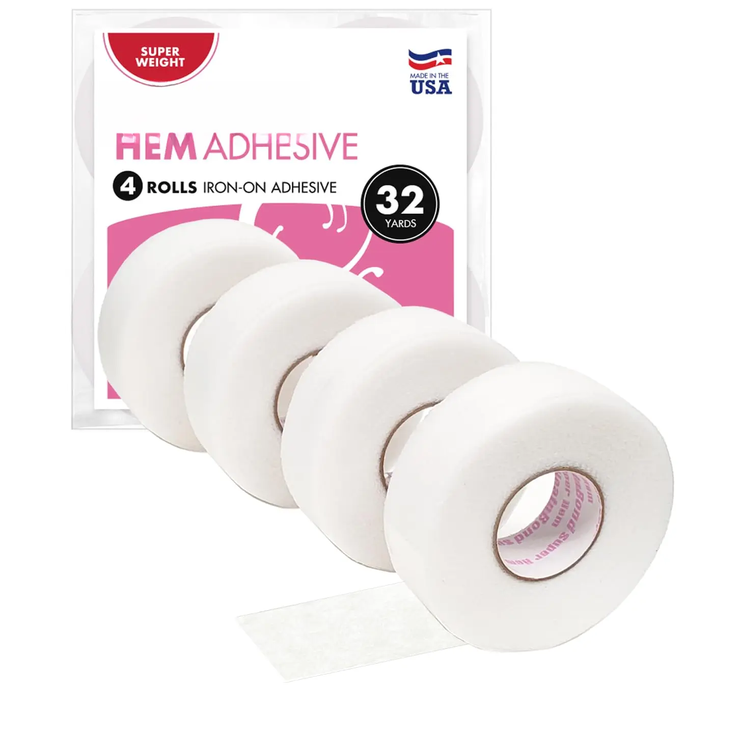 Hem Tape Iron - On Adhesive, Super Weight, 4 Rolls (3/4 Inch x 8 Yards Each), 32 Yards Total, White - No-Sew Hemming Tape for Pants, Curtains, Dresses, and Fabrics