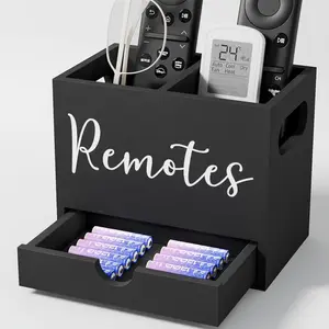 Remote Control Holder, TV Remote Holder with Drawer,  Remote Control Organizer for Table, Media Storage Box for Nightstand, Living Room (Black,2 Slots)