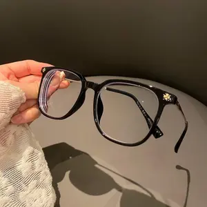 Luxury Vintage Square Blue Light Blocking Glasses for Women and Men, Designer Inspired Black Gold Eyeglasses with Cross Engraved Temples, Lightweight Clear Lens Computer Glasses for Office Work, Gaming and Daily Wear face slimming fashion frame