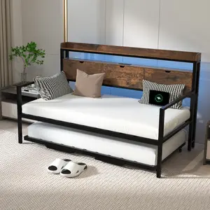 Modern Twin Metal Daybed with Pop Up Trundle - Heavy Duty Frame Featuring LED Lights, Charging Station, and Storage Headboard