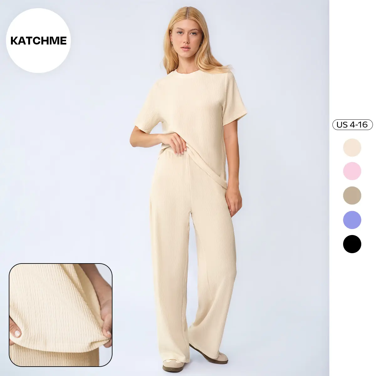 KatchMe Women's Leisure Solid Color Round Neck Short Sleeve Top & Wide Leg Trousers Co-ord, Minimalist Loose Two Piece Outfits, Basic Womenswear