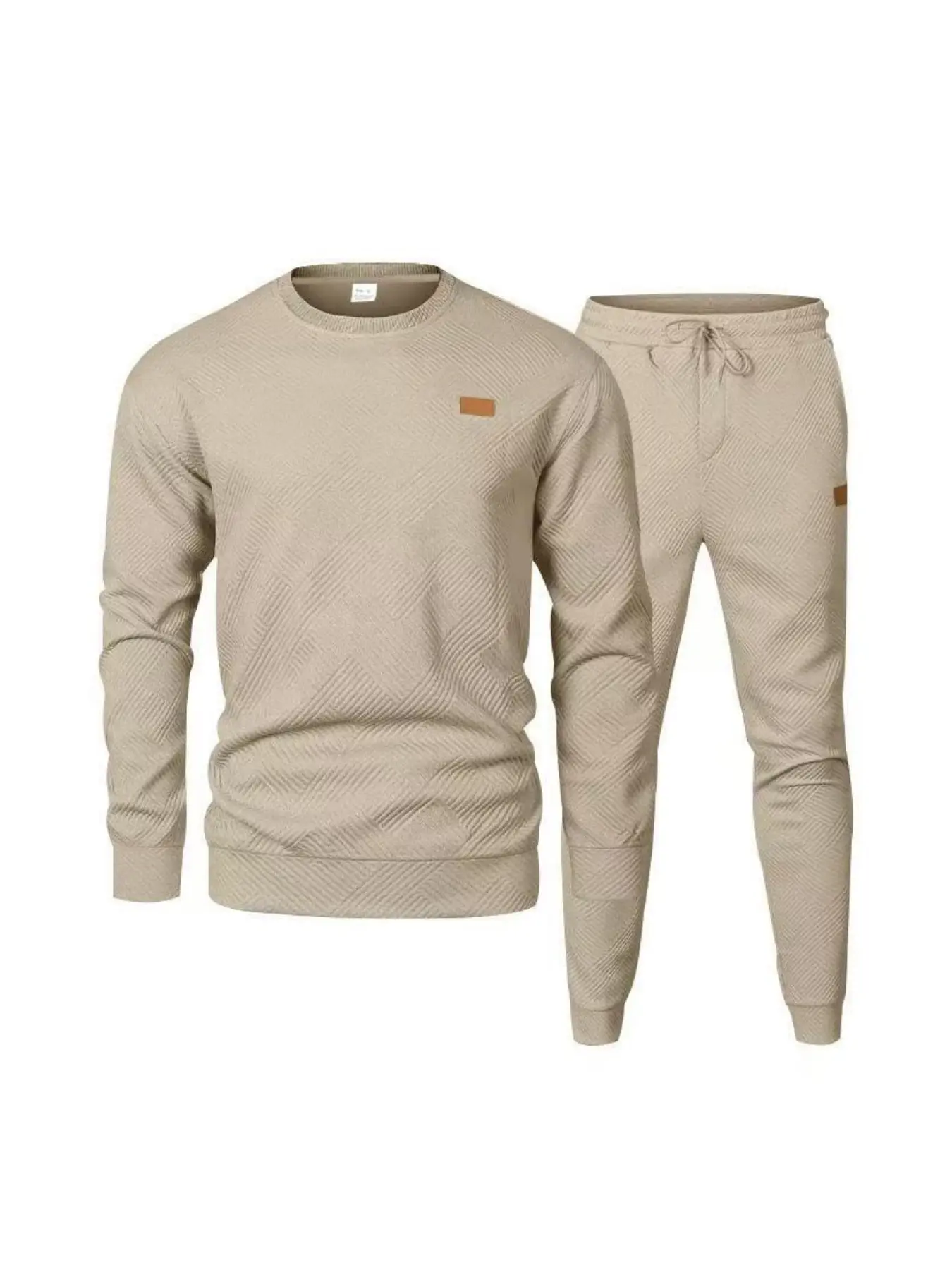 fall outfits Men's casual sportswear thickened sweatshirt set, textured round-neck sweatshirt + tapered sweatpants, leather label design, simple, versatile and trendy two-piece set, Casual activewear set, Casual Tracksuits