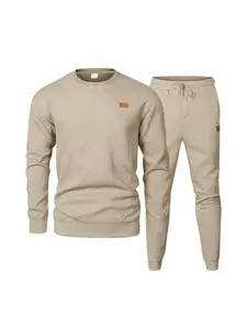 fall outfits Men's casual sportswear thickened sweatshirt set, textured round-neck sweatshirt + tapered sweatpants, leather label design, simple, versatile and trendy two-piece set, Textured Sweatsuit
