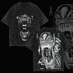 Superstyle Xenomorph Alien Outer Screamer Alien vs. Predator AVP Edition Double Printed Oversize Lightweight Acid Washed Tee TV Series Movies Graphic Design Top Cotton Streetwear Comic Superheroes T-Shirt Clothes Menswear Womenswear QJJ QMU