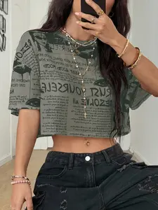 Women's Newspaper Print Round Neck Casual Streetwear Mesh Short Sleeve Fitted T-Shirt, Stylish Fashion, Comfortable and Breathable, Perfect for Daily Wear