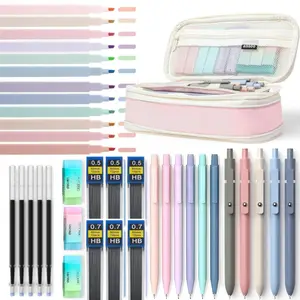 38 PCS Aesthetic School Supplies with Cute Pen Case, 12 Pastel Highlighters, 5 Black Ink Gel Pens, 6 Mechanical Pencils Set for Students Stationary College Essentials, Classroom Supplies
