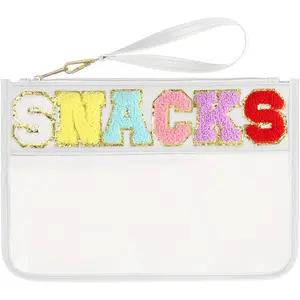 Snack Bags Pouch Travel Makeup Bag Chenille Letter Patch - Waterproof Nylon Clear Cosmetic Bag/Tote Bag/Makeup Travel Bag/for Women Girls (Snack-White)