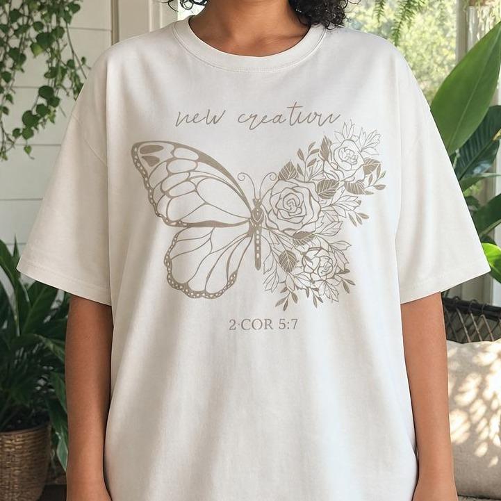 Women's 100% Cotton Christian Lady Graphic T-Shirt - Minimalist Floral Butterfly, New Creation Faith, Botanical, Breathable, Casual, Round Neck, Loose Drop Shoulders Top