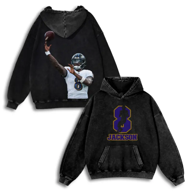 Lamar Jackson #8 Ravens Casual Washed Hoodie | Purple Lightning QB Apparel, Flock Nation Pride, Oversized Washed MVP Essential