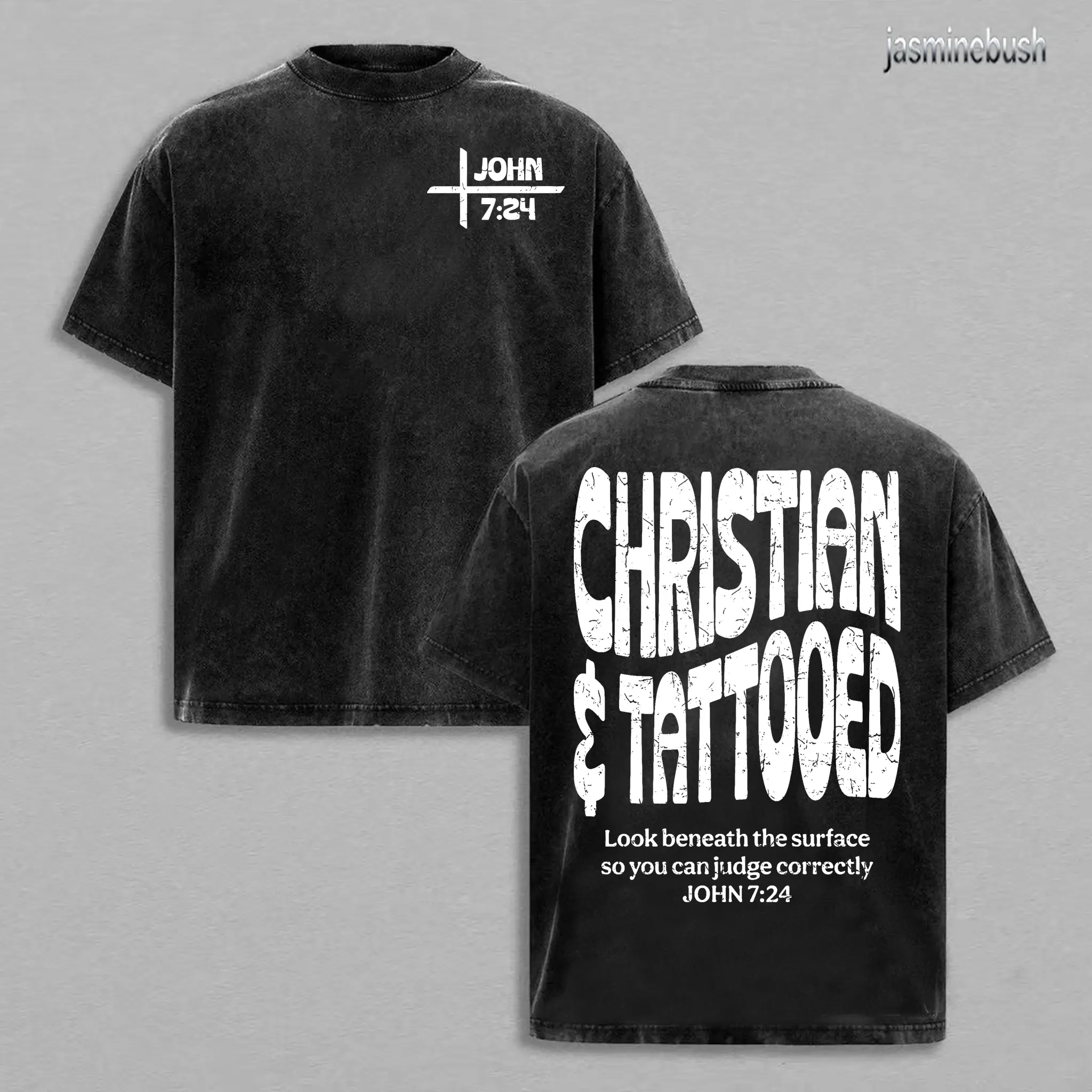 Women's Heavyweight 230g Cotton T-Shirt, Vintage Christian Shortsleeve Top with Cross & Verse Back Print, Loose Fit Casual Wear, Tshirt, Bible Verse Graphic Women's T-Shirts, Cross And Scripture Graphic Women's T-Shirts
