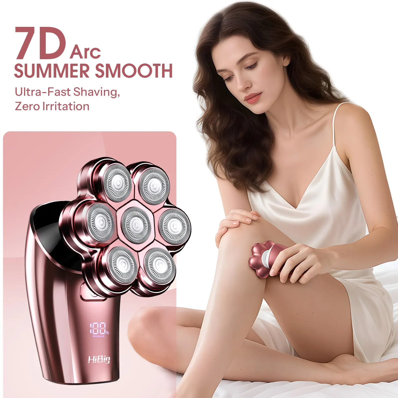 HIBIG 7D Women's Electric Shaver, 5-in-1 Painless Beauty Products Grooming Kit with Brush Attachment for Smooth, Silky Skin, Waterproof Rechargeable Body Razor, Handle, Face