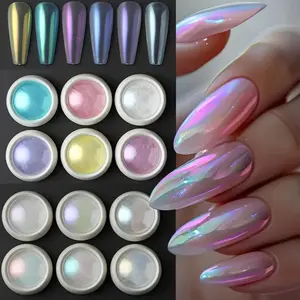 12pcs Aurora Nail Powder Set, Blue Chrome Glitter UV Gel Polish Art Dip Powder, Manicure Kit for Nails, Non-Flammable Liquid, Translucent Glitter