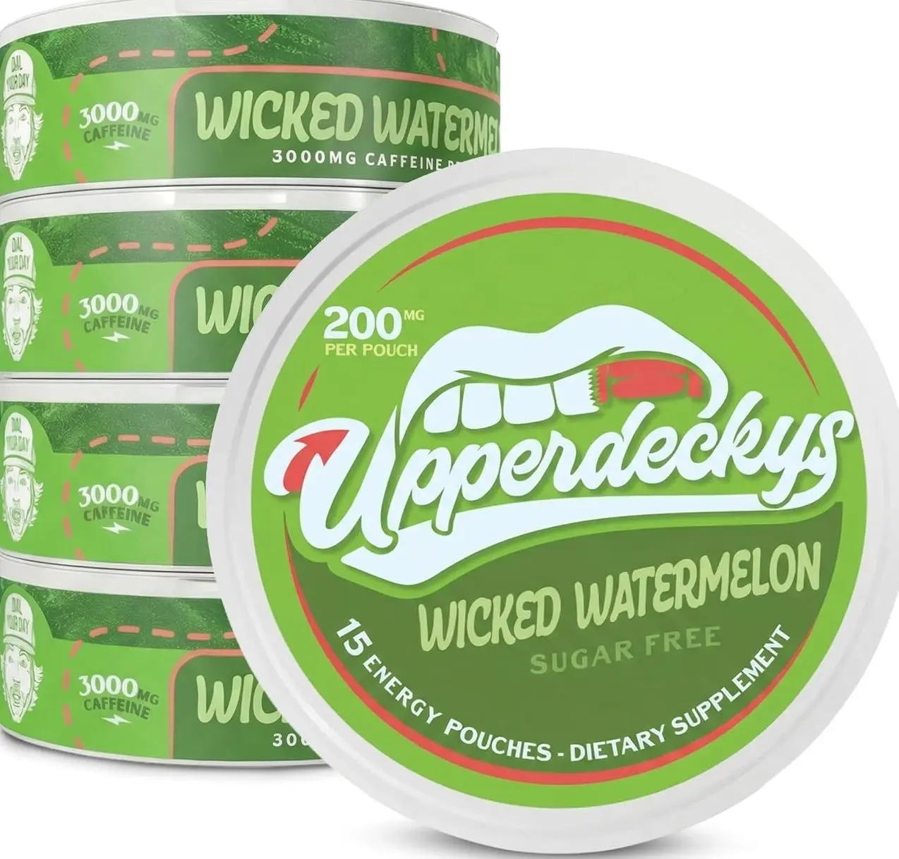 Upperdeckys Caffeine Energy Pouches - 200mg Caffeine Supplement for Energy and Focus - Wicked Watermelon Nicotine Free Gym Supplements for Men & Women - No Jitters, No Crash & Dip Alternative - 5 Pack