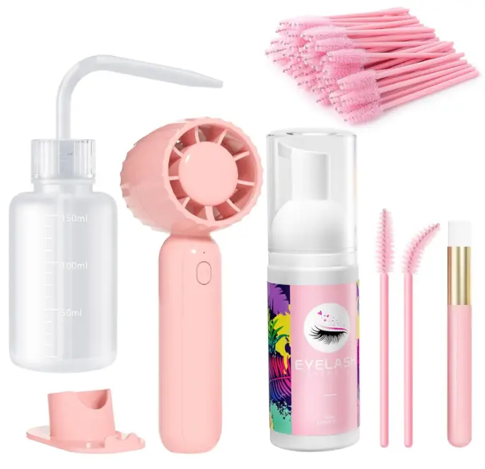 Buqikma Lash Cleaning Kit Lash Shampoo Kit, 2.02Fl Oz/60mL, Pink | Lash Shampoo, Rechargeable Handheld Fan Dryer, Mascara Brush, Rinse Bottle, Makeup Cleansing Foam, Eyelash Extension Care