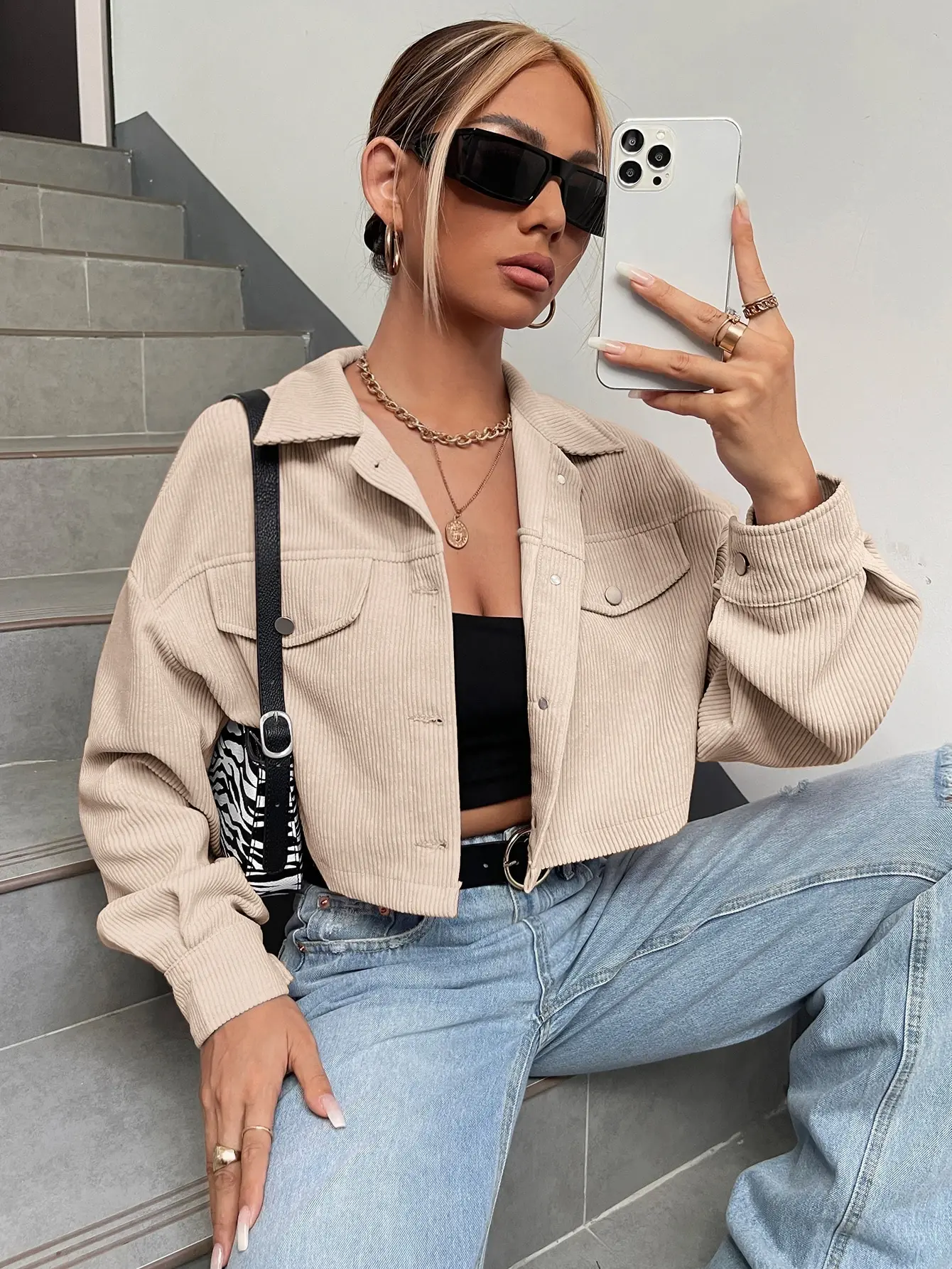 NBH Women's Drop Shoulder Flap Detail Crop Corduroy Jacket Spring Fall Winter Oversized Button Up Casual Streetwear Outerwear