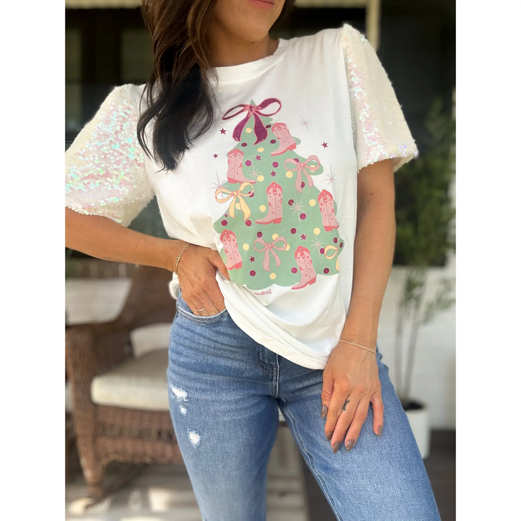 Country Christmas Tee Sequin Top