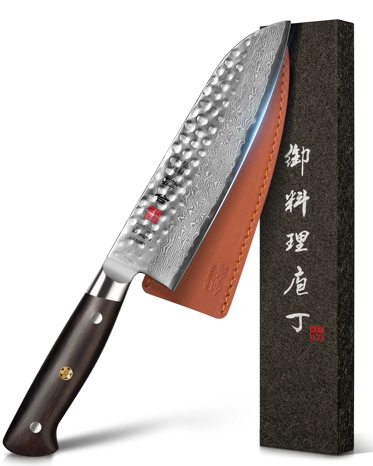 Kanngou Japanese Damascus Steel 7-Inch Santoku Chef Knife - Ultra Sharp Stainless Steel Blade, AUS-10 Core, Full-Tang Ebony Wood Handle, High Hardness Kitchenware Knife for Meat Prep, Ideal Wedding Gift for Home Cooks, Knives