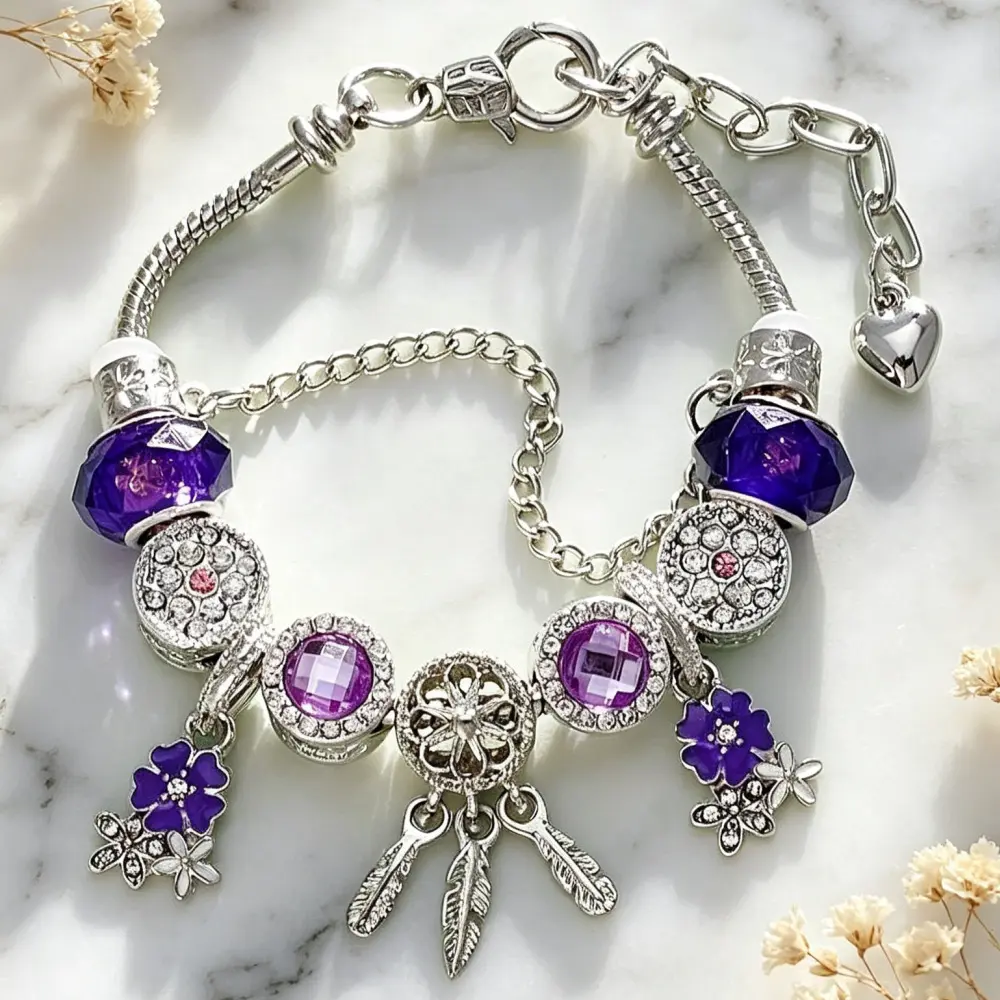 Purple Dreamcatcher Sakura Charm Bracelet, Rhinestone Gemstone Beaded Snake Chain Bracelet, Bohemian Flower Jewelry Gift for Women
