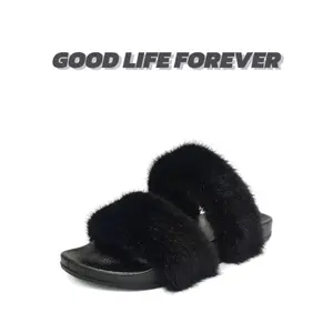 Women's Two Straps Fluffy Faux Fur Slippers Casual Comfy Open Toe Slides with Fluffy and Rubber Sole Trendy Girl Footwear Walking Shoes