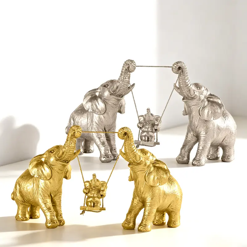 Glam Gold Resin 3-Piece Family Elephant Swing Figurine Set - Whimsical Ornaments, Bedroom Decor, Resin-Based Statues, 3-Dimensional Statues, Multifunctional Home Decor, Christmas Gift