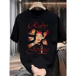 1pc Women's Ruby Jennie K-Drama Inspired T-Shirt - Korean Pop Icon Face Collage & Signature Logo Print, Casual Short Sleeve Black Tee with Red Lettering, K-Pop Fan Gift, All-Season Fit Large-sized T-shirt - Comfortable and loose-fitting