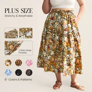 CARCOS Skirt for Women Maxi Long Plus Size Pleated Boho Summer Skirts Flowy Tiered Elastic High Waist Drawstring Skirts with Pockets Floral/Sequin/Leopard (XL-5XL)